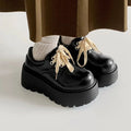 Women's matte black lace-up shoes with a high muffin heel and thick rubber sole.