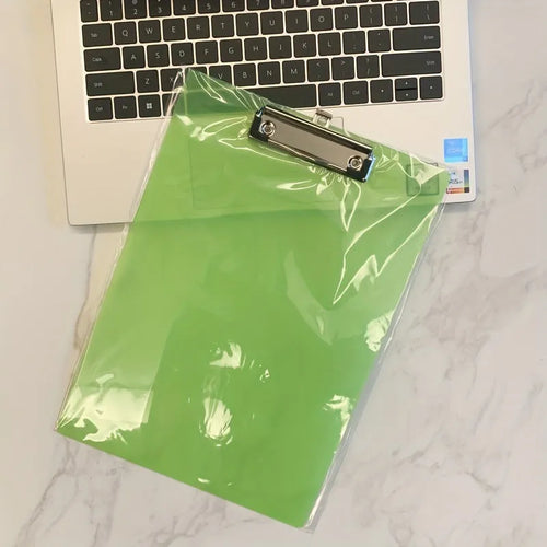 Transparent A4 clipboard with metal clip holding white paper, available in blue, green, red, and white.