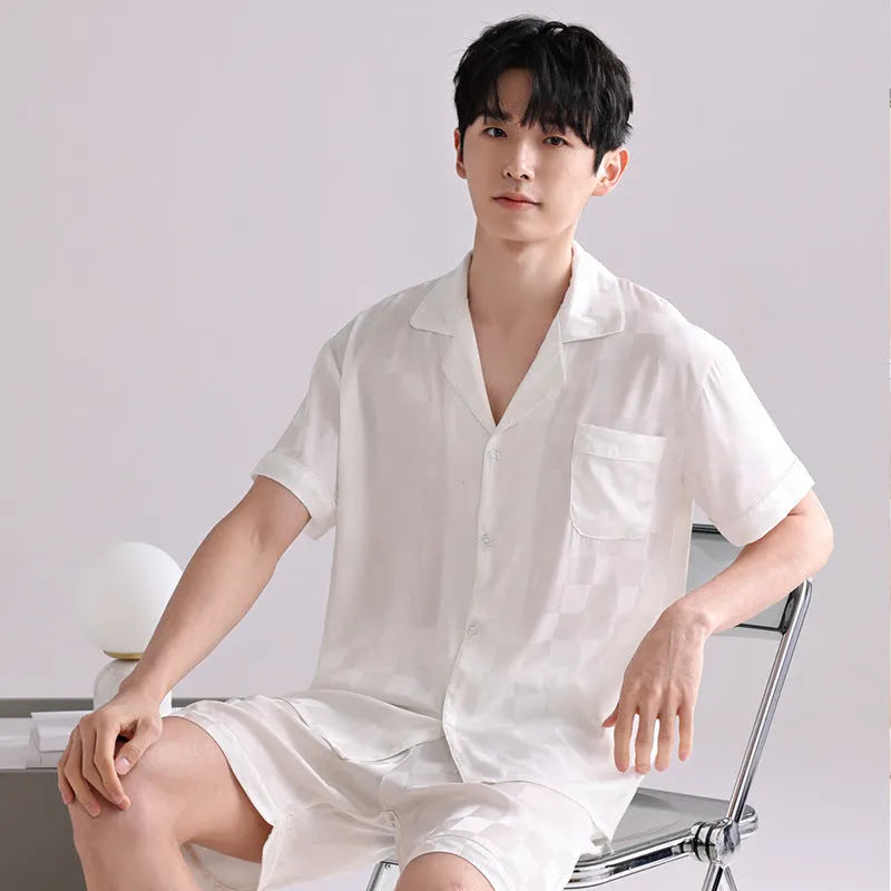 Men's ice silk pyjamas set showing cardigan top and shorts in satin jacquard pattern