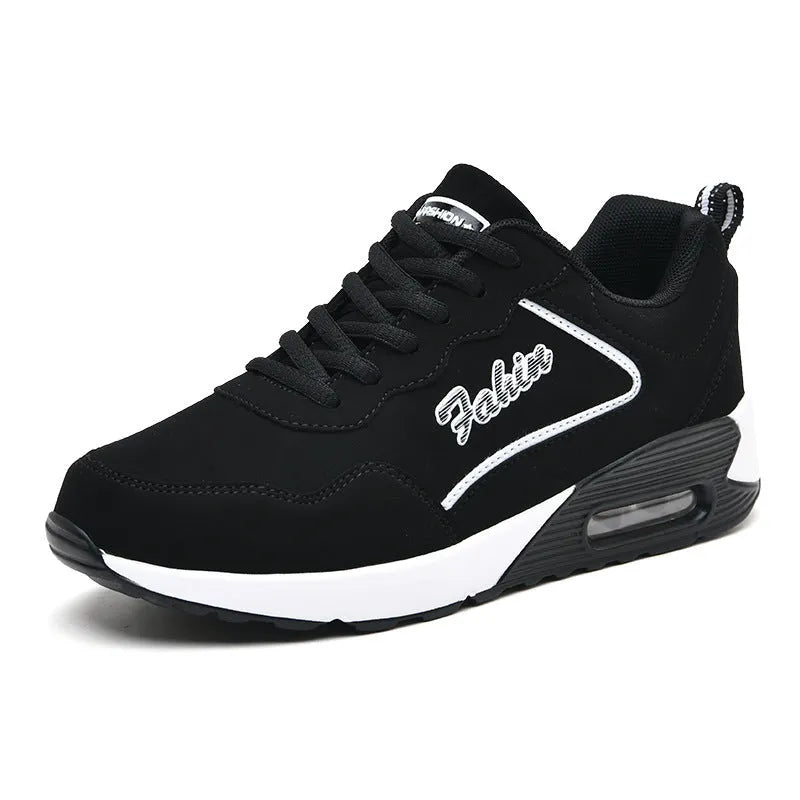 Women's spring leather plus size air cushion sports shoes in Wo 1909 black and white, low top lace up style