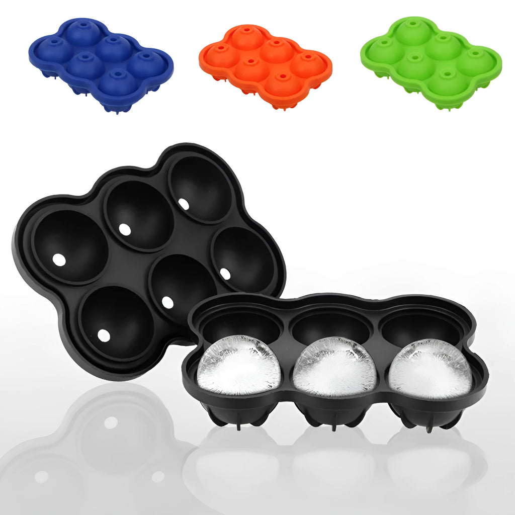 Large black silicone ice cube maker with six 4.5cm sphere cavities on a white background