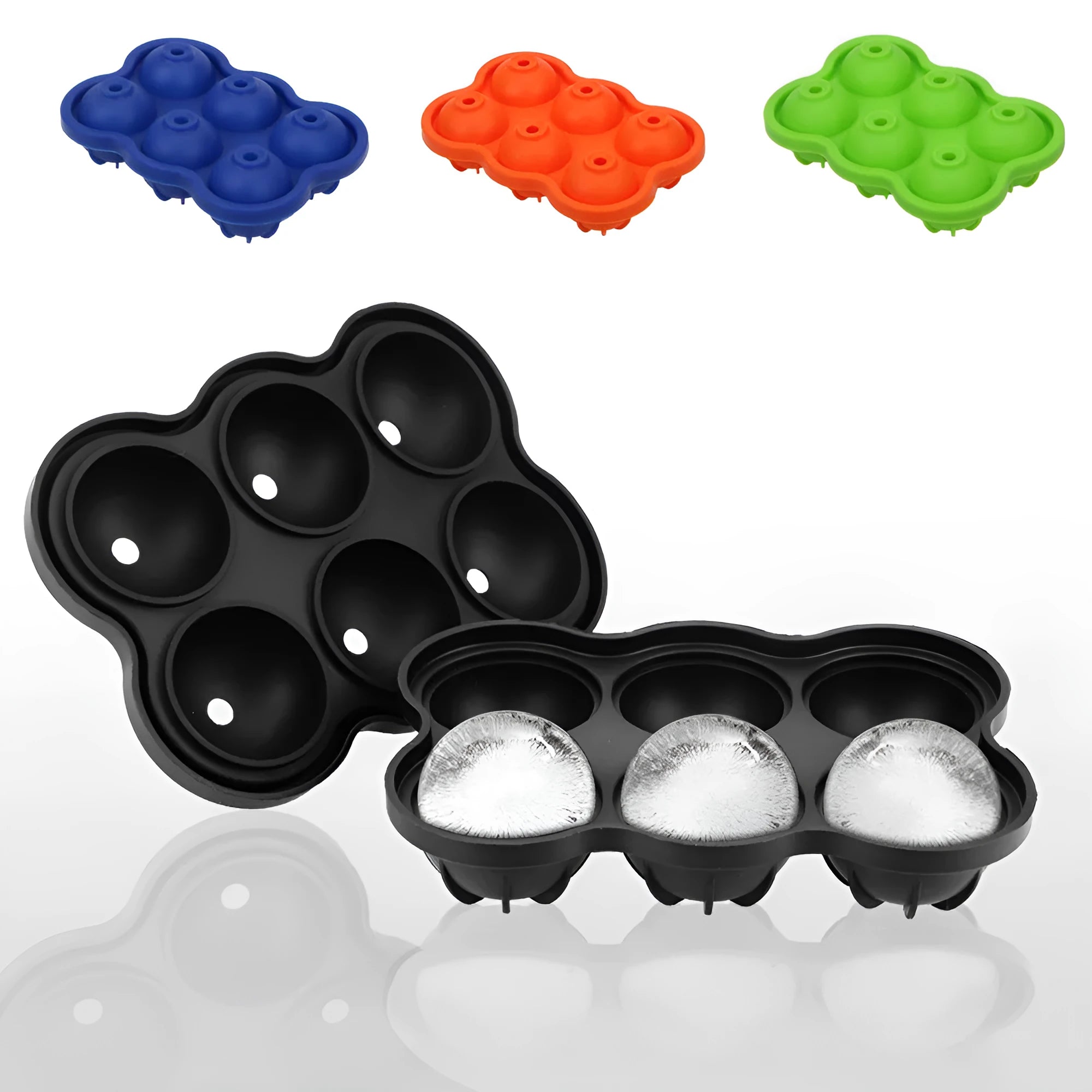 Large black silicone ice cube maker with six 4.5cm sphere cavities on a white background