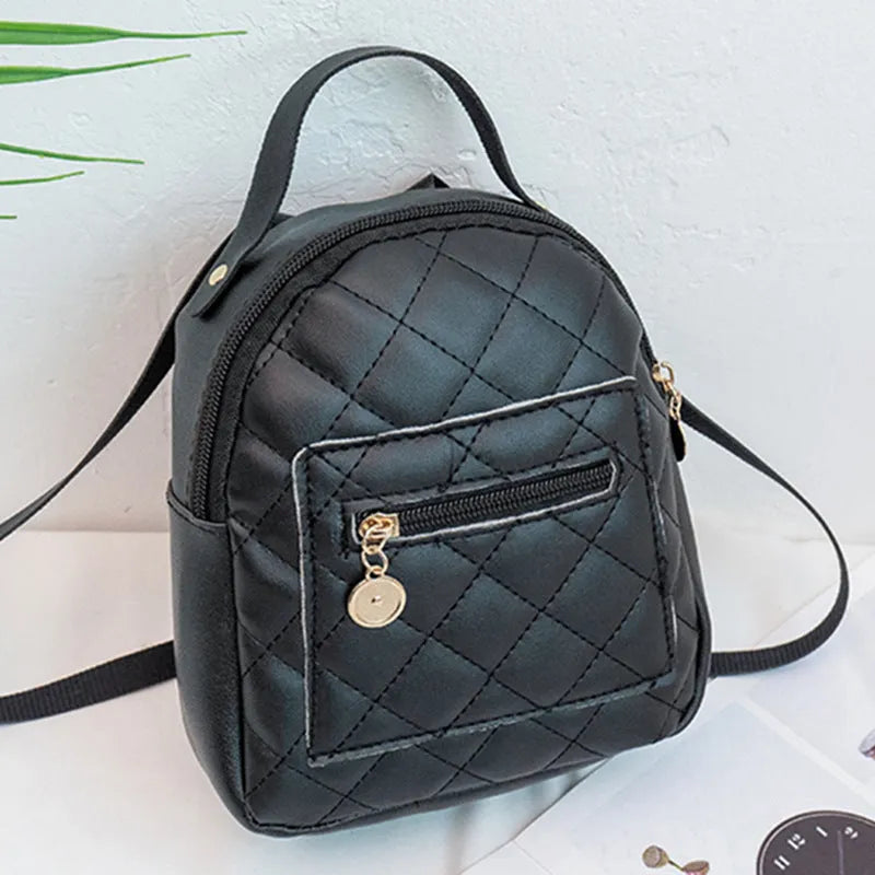 Korean-style embroidered PU school backpack in black with sandwich pockets and soft carry handles