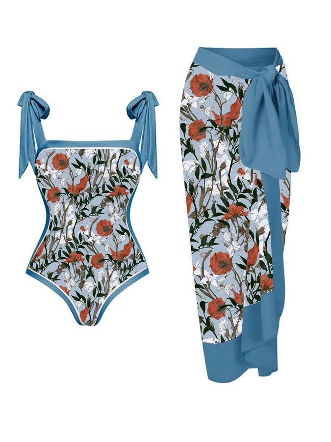 Women's floral print chiffon swimsuit with matching skirt for swimming