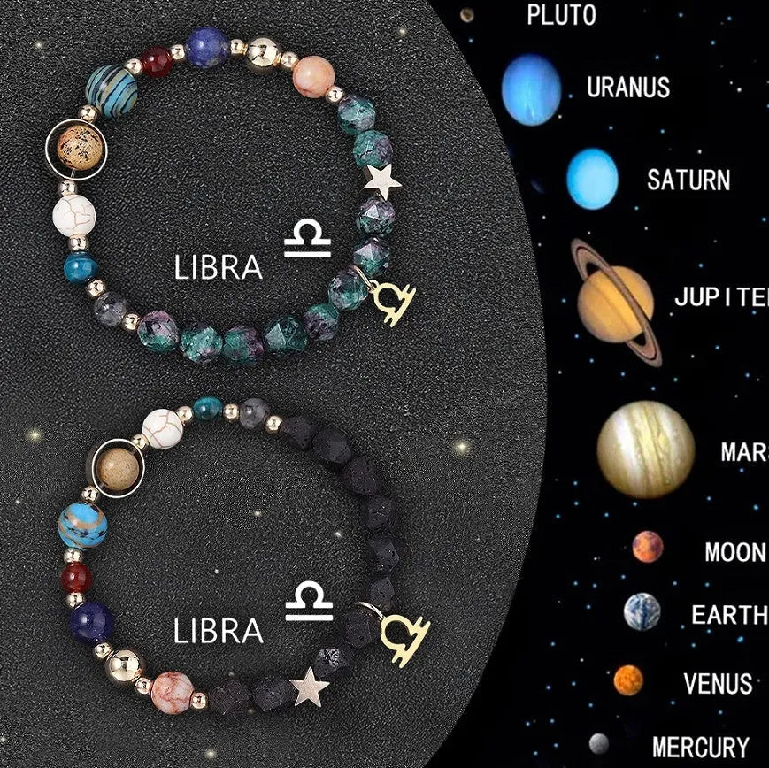 Two natural stone beaded bracelets with zodiac sign charms on a wooden surface.