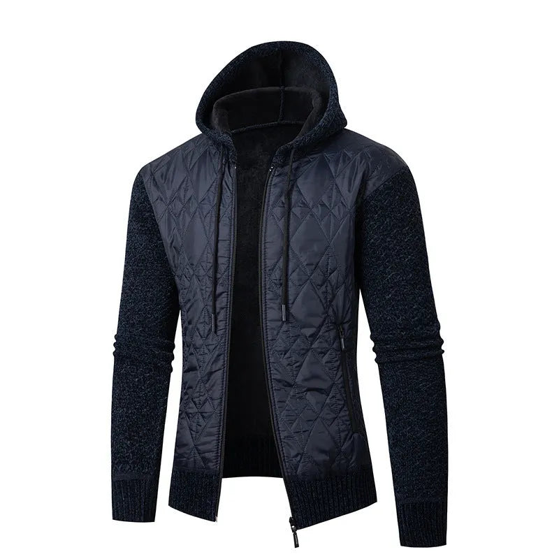 Men's grey corduroy hooded sweater coat with cinched waist design showing wool composition and cotton filler