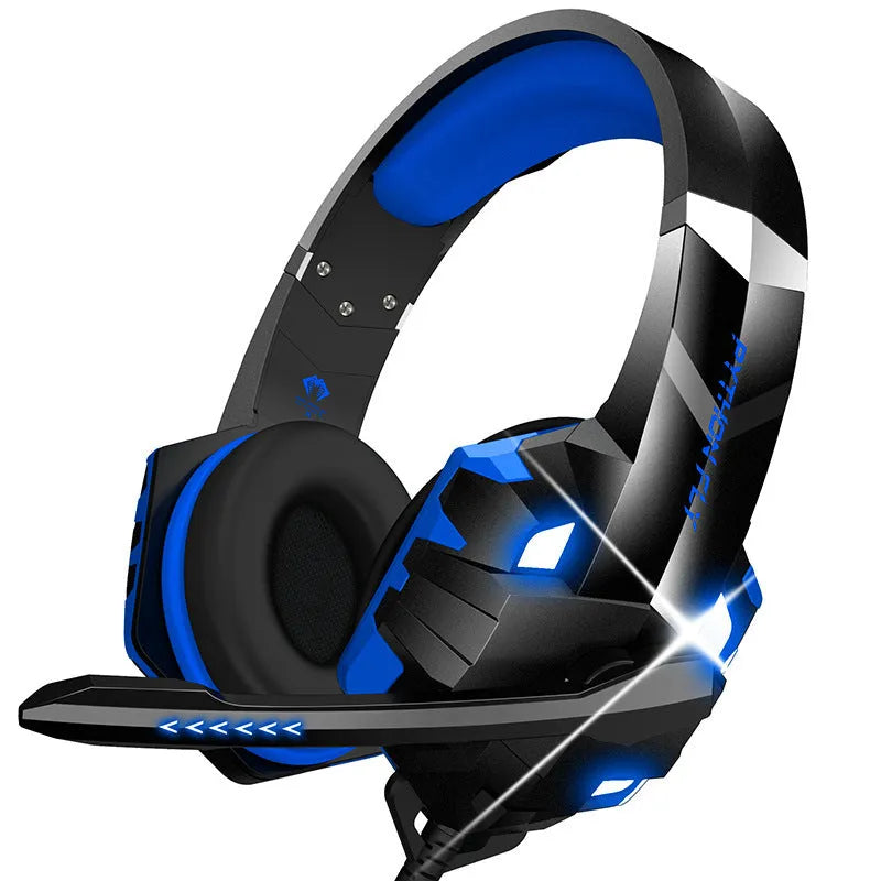 White wired gaming headset with LED breathing lights and a flexible microphone, shown on a dark background.