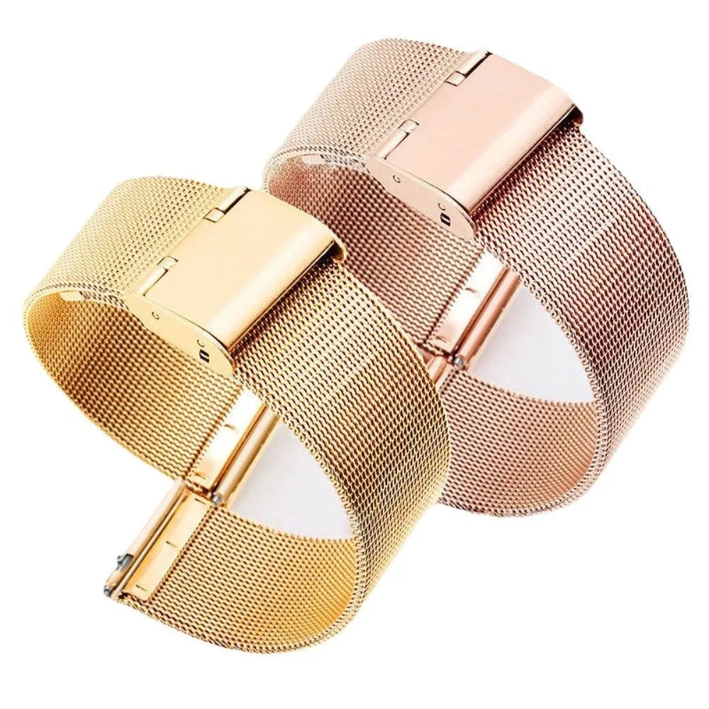 Milani silk woven stainless steel watch band showing silver, black, rose gold, and gold colour options