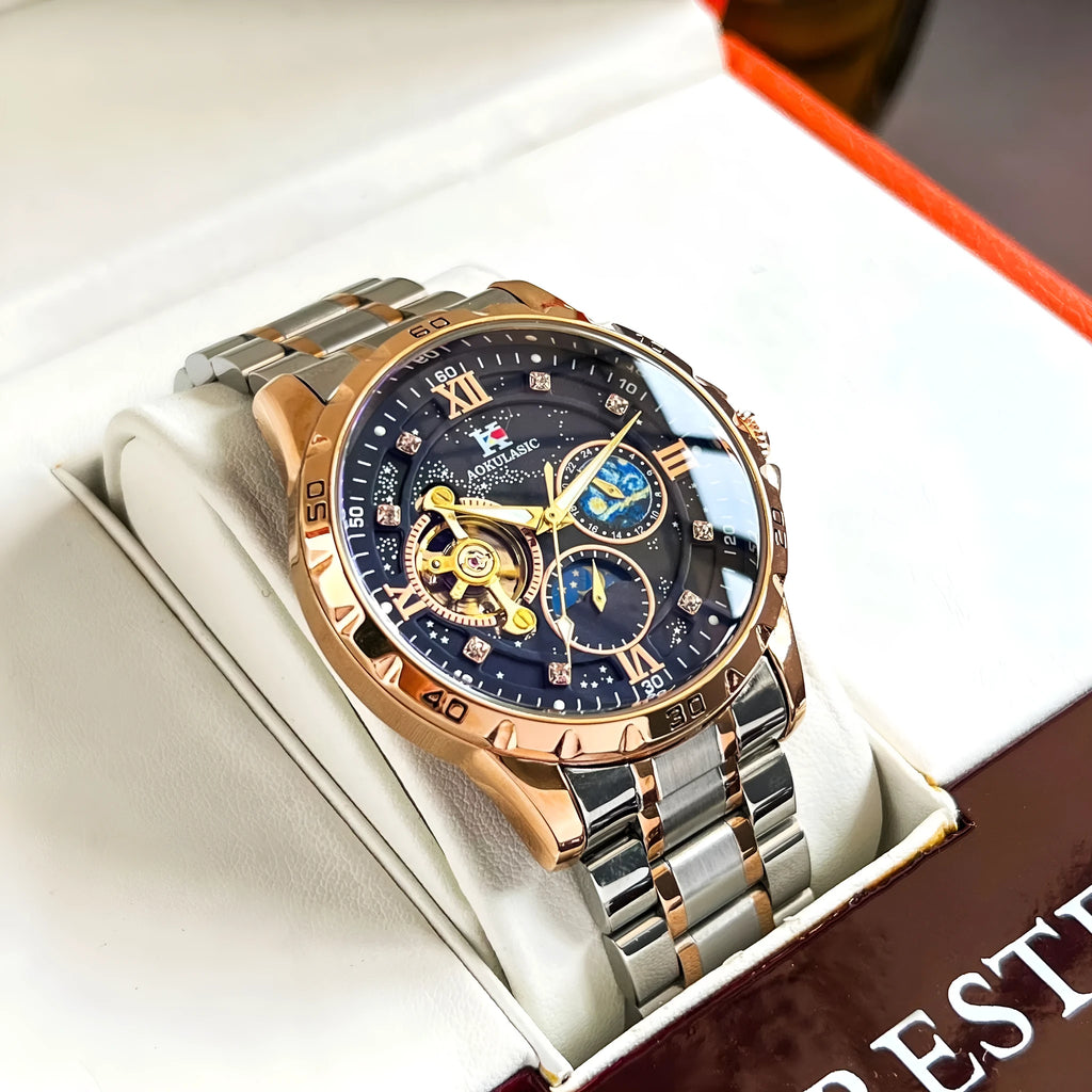 Men's automatic mechanical watch with rose gold shell, black dial, and large 50mm display