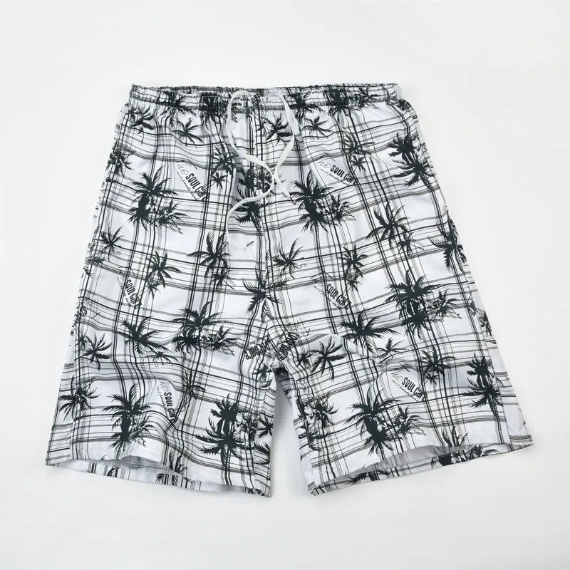 Men's floral print five-point swimming trunks in polyester fabric, free size
