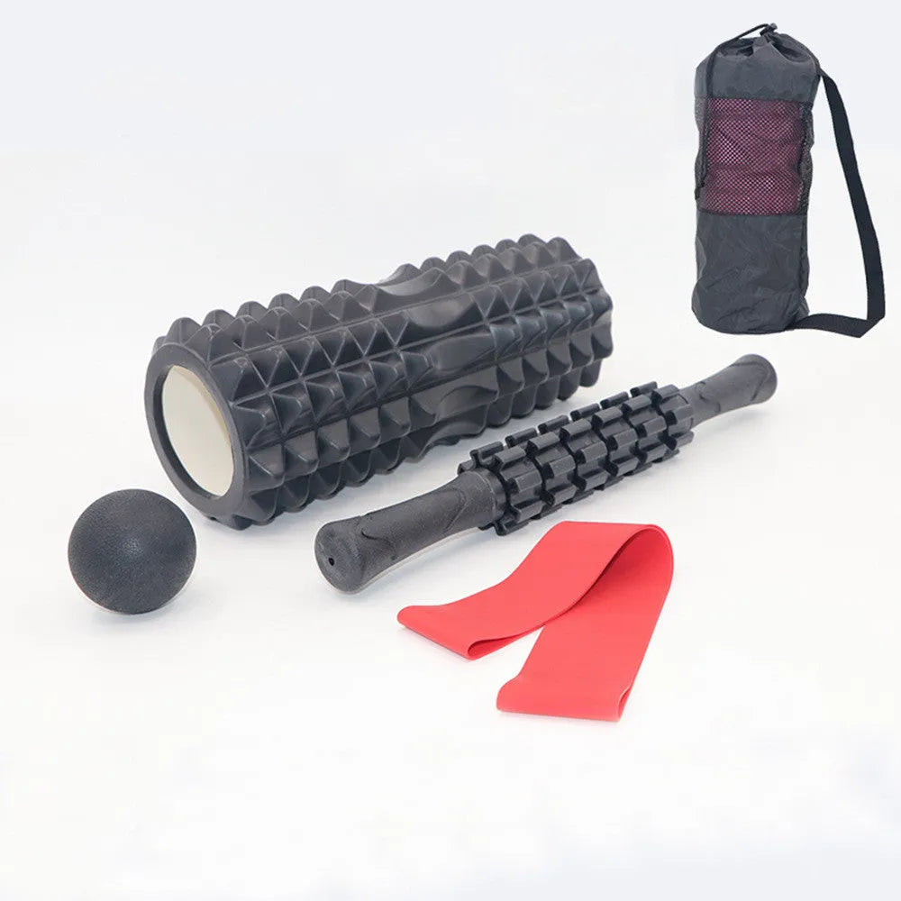 Hollow foam pilates yoga shaft set with crescent model, massage stick, and fascia ball in black