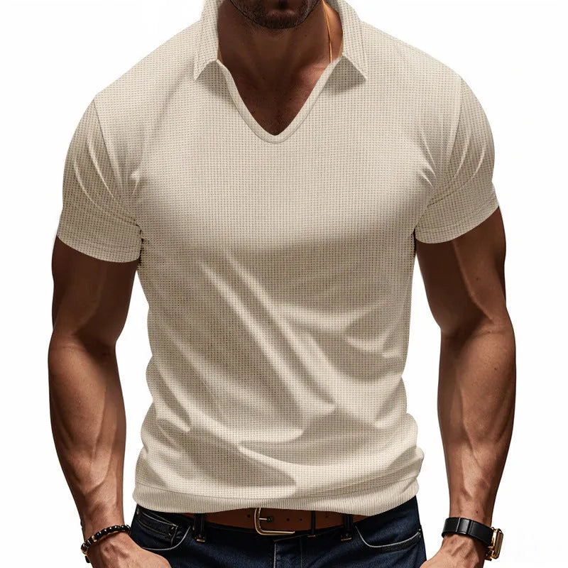 Men's loose fit V-neck short sleeve t-shirt in light blue cotton blend fabric