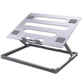 Silver aluminium folding laptop cooling stand with integrated fan showing dimensions 270x210mm