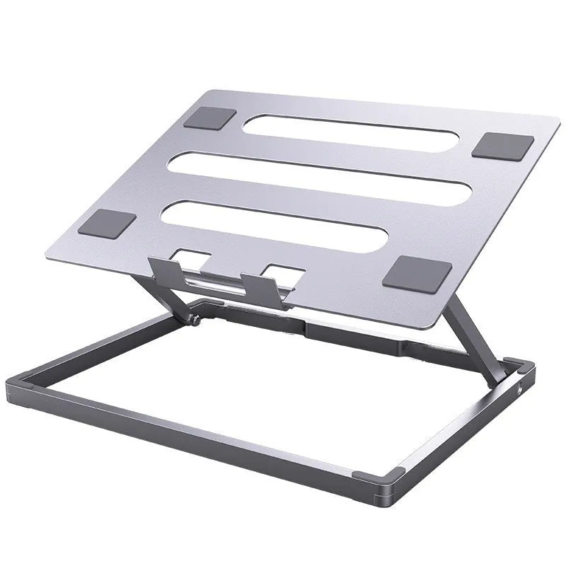 Silver aluminium folding laptop cooling stand with integrated fan showing dimensions 270x210mm
