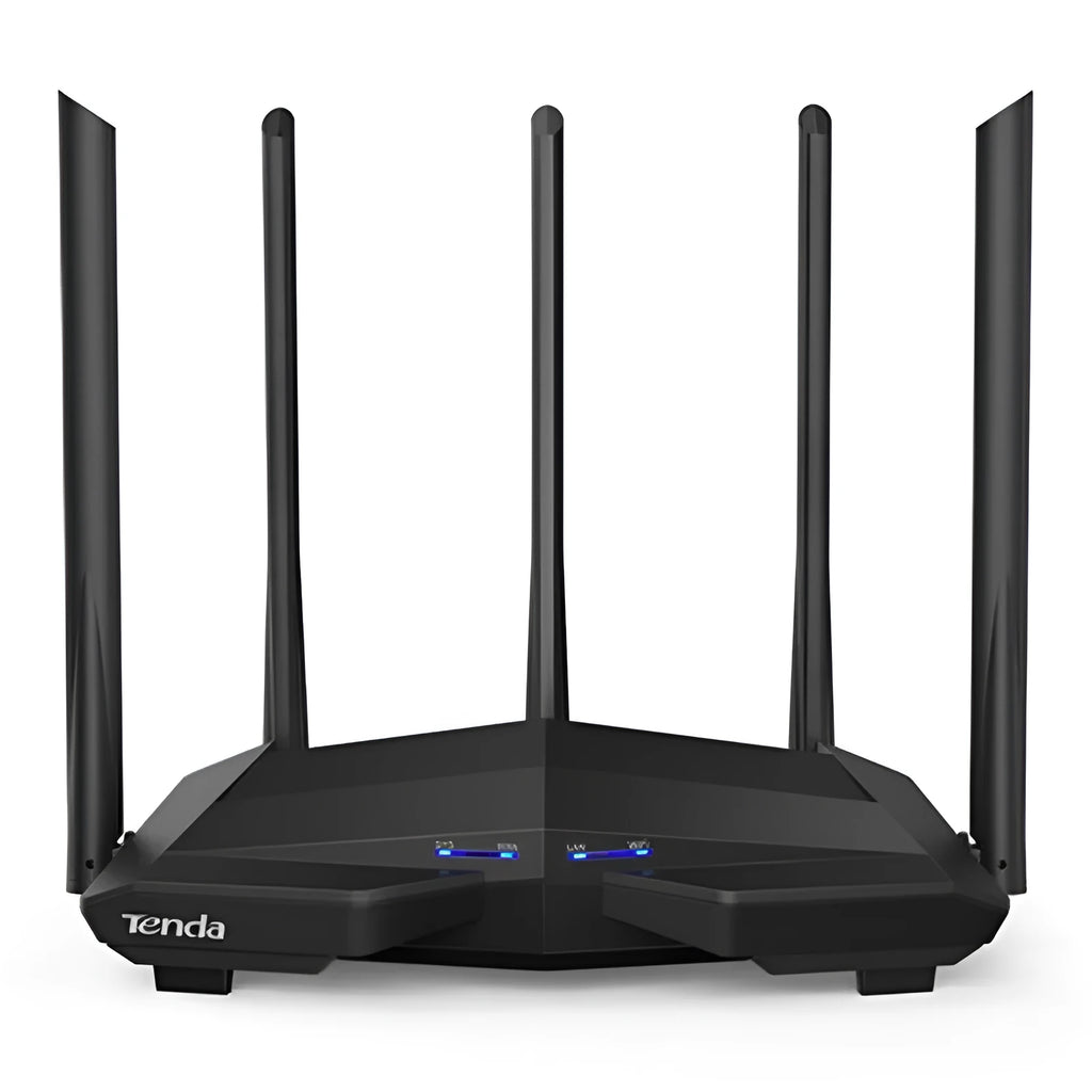 Black AC11 wireless router with four gigabit ports, shown with dimensions 220x141.5x49mm
