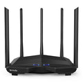 Black AC11 wireless router with four gigabit ports, shown with dimensions 220x141.5x49mm