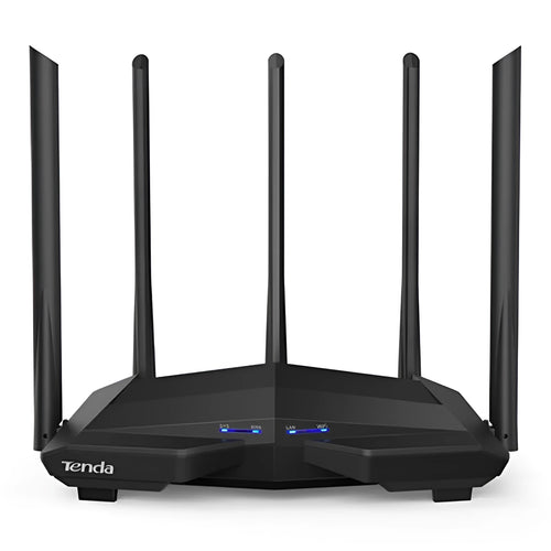Black AC11 wireless router with four gigabit ports, shown with dimensions 220x141.5x49mm