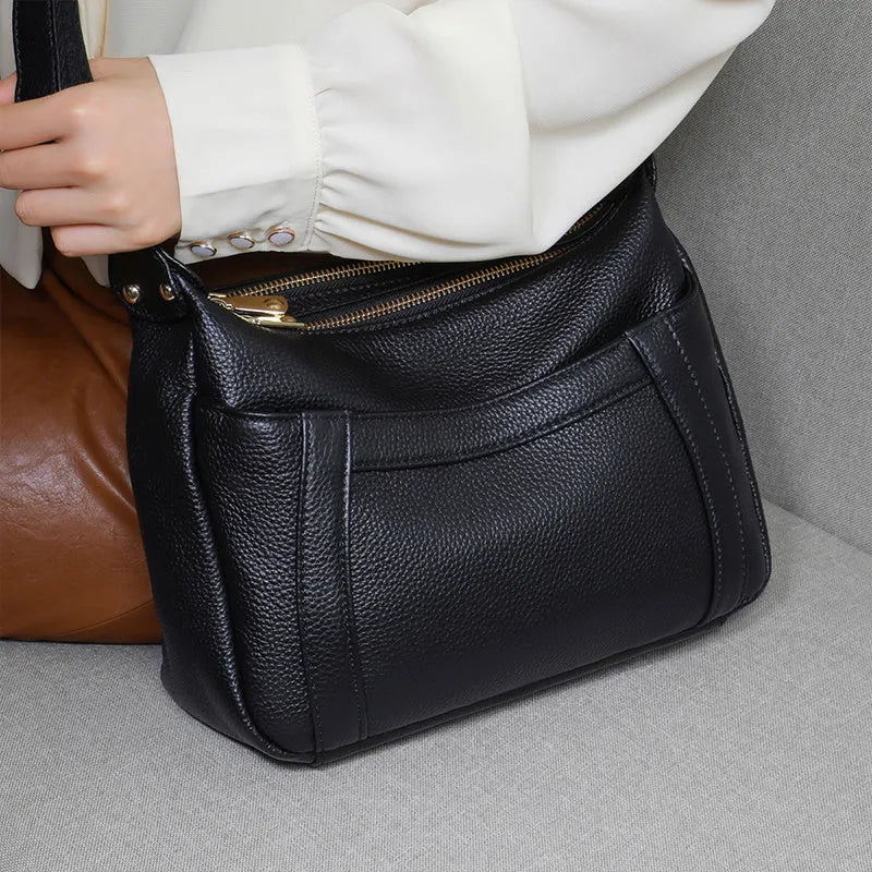 Genuine leather first layer cowhide shoulder bag in black, large size 30x10x19cm