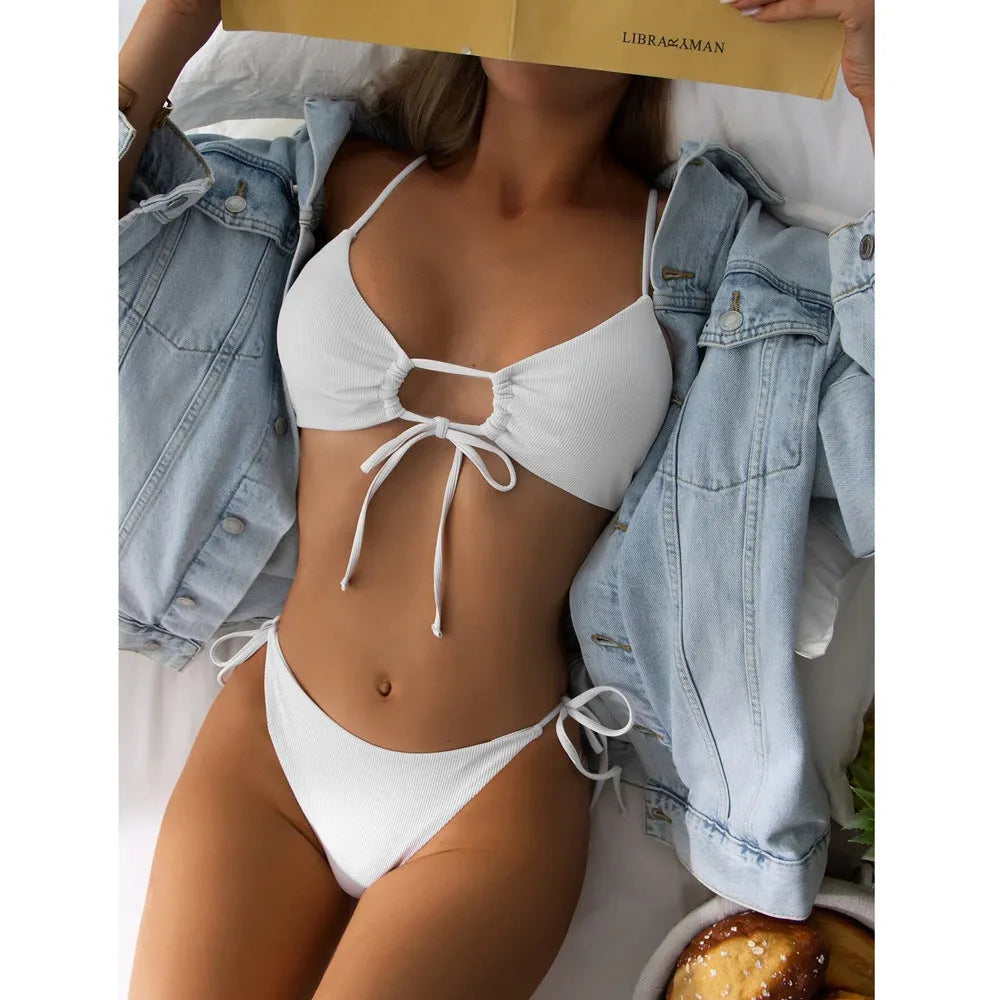 Women's solid colour drawstring bikini set in army green, showing briefs style and backless design for swimming.