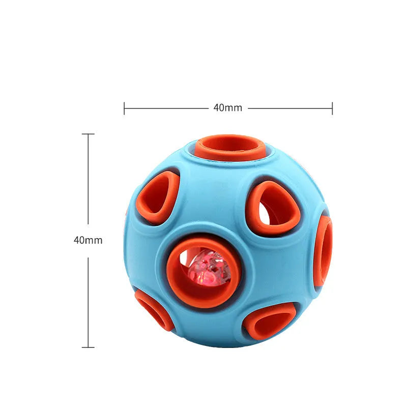 Interactive luminous sounding dog toy ball in rubber with light and bell, showing blue glow option