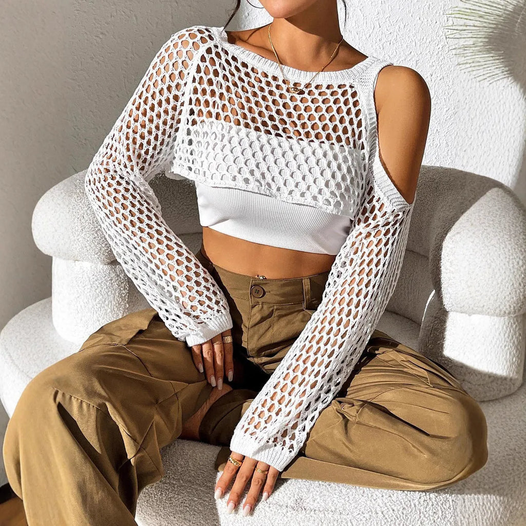 Mesh beach shirt with navel hollowed design in polypropylene fabric, available in six colours