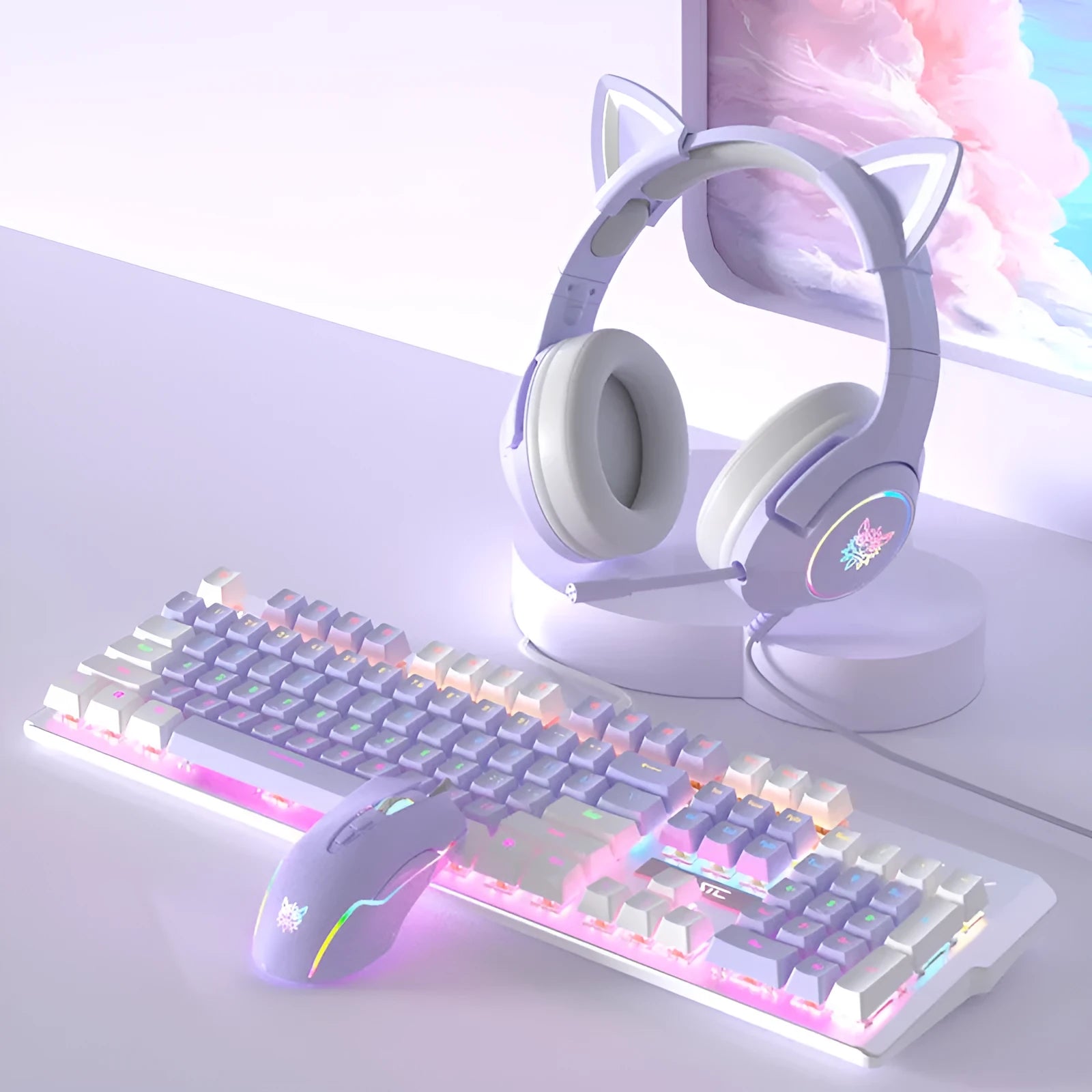 White and purple mechanical keyboard and mouse wired combo set with backlight illumination