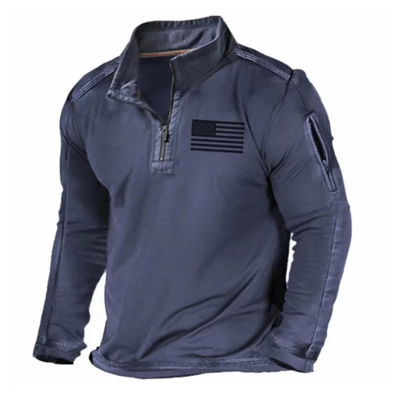 Men's grey zip-up sweater with a stand collar and long sleeves on a hanger.