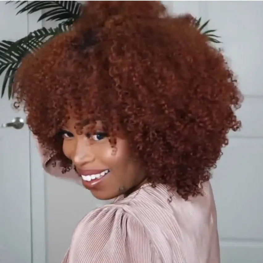 Short curly high temperature silk wig in reddish brown with Qi bangs for women, exotic European-American style