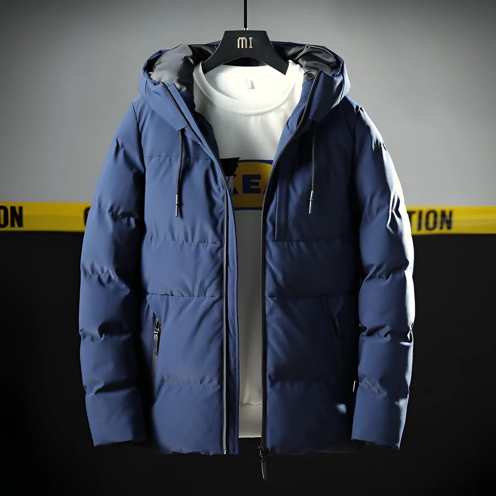 Men's hooded thick solid colour slim casual cotton coat with zipper, side pockets, and hood in black.