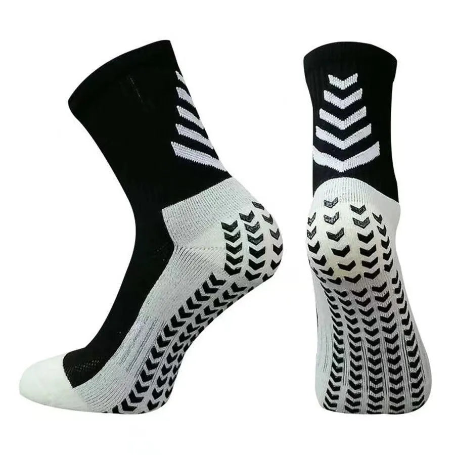 Men's mid-calf athletic socks with geometric patterns and silicone anti-slip grips