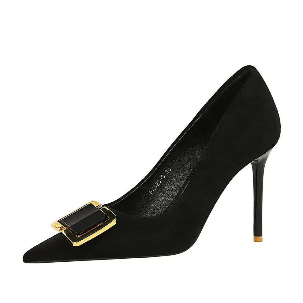 Black suede women's stiletto high heels with 9cm heel and shallow open toe on a neutral background