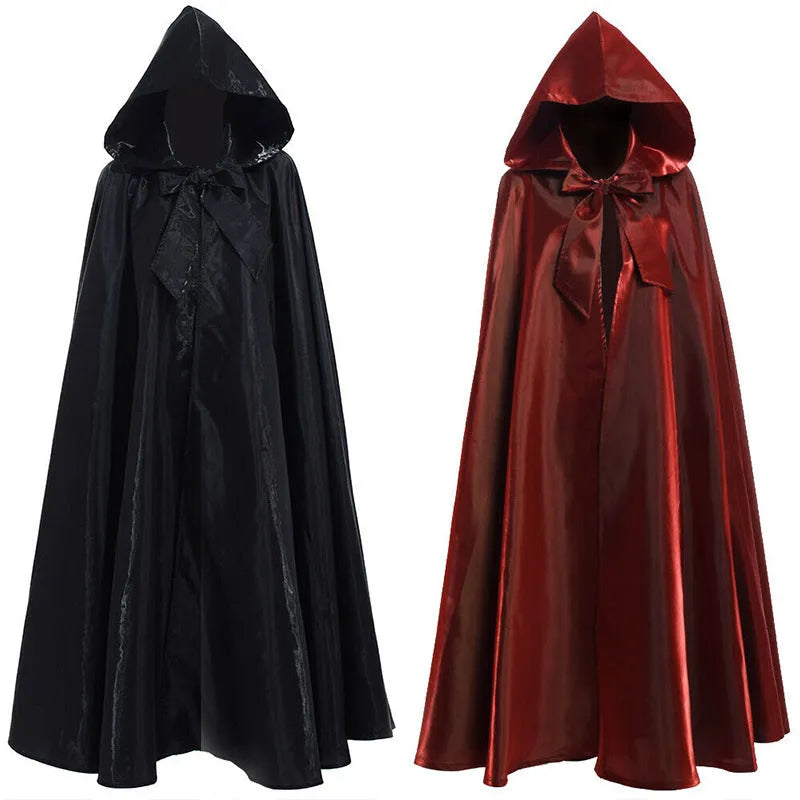 Halloween costume medieval cloak wizarding robe in polyester available in black brown green orange purple red sizes S to 2XL