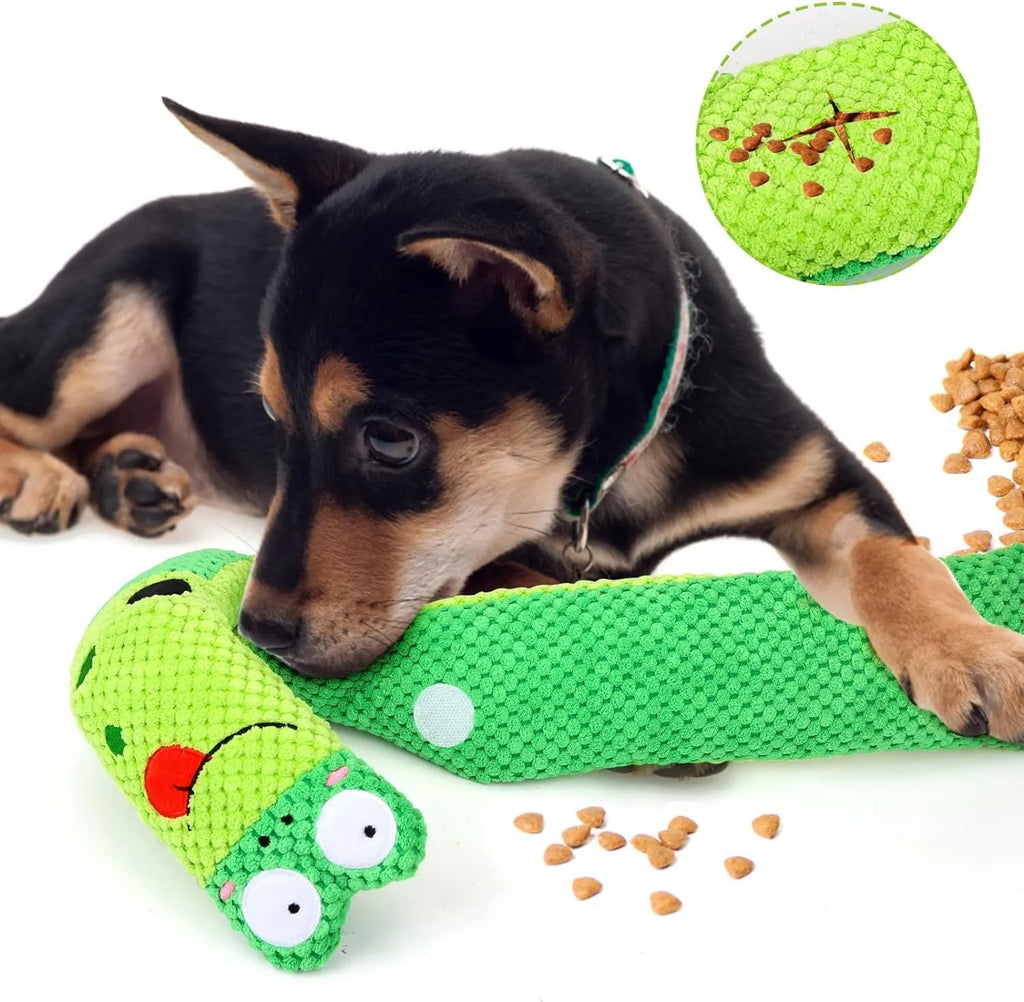 Transformable squeak dog toy in snail shape with hidden food holes for foraging training