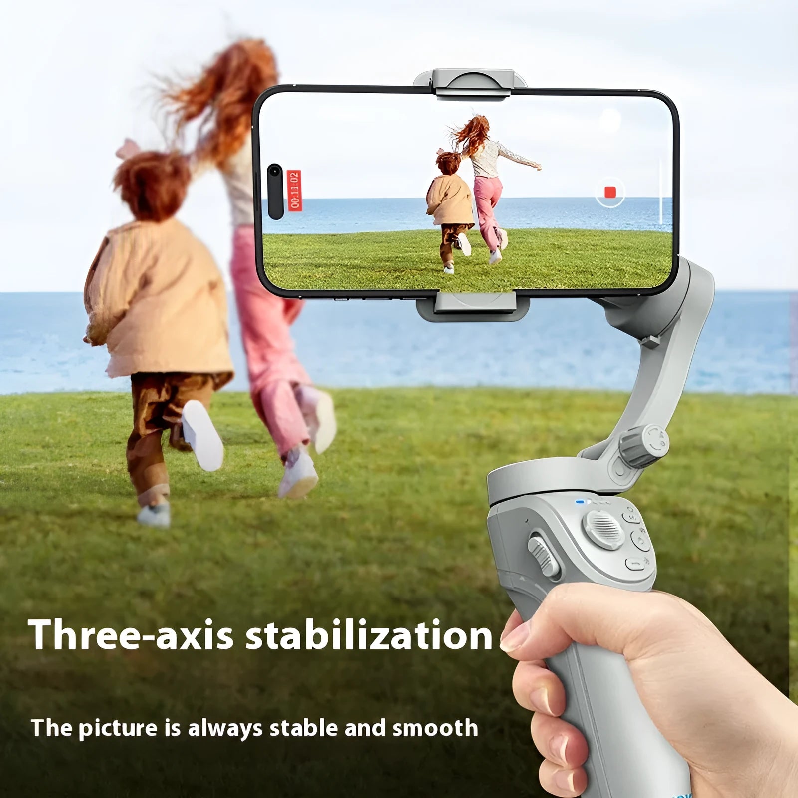 Portable folding intelligent gimbal in grey nylon for smartphone video stabilisation