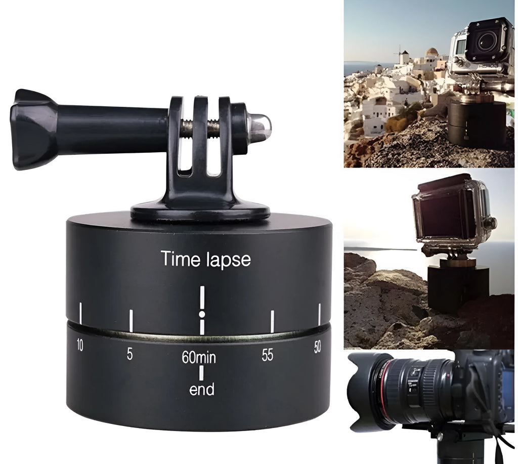 360-degree auto rotate camera tripod head base compatible with GoPro, SLR, and iPhone cameras
