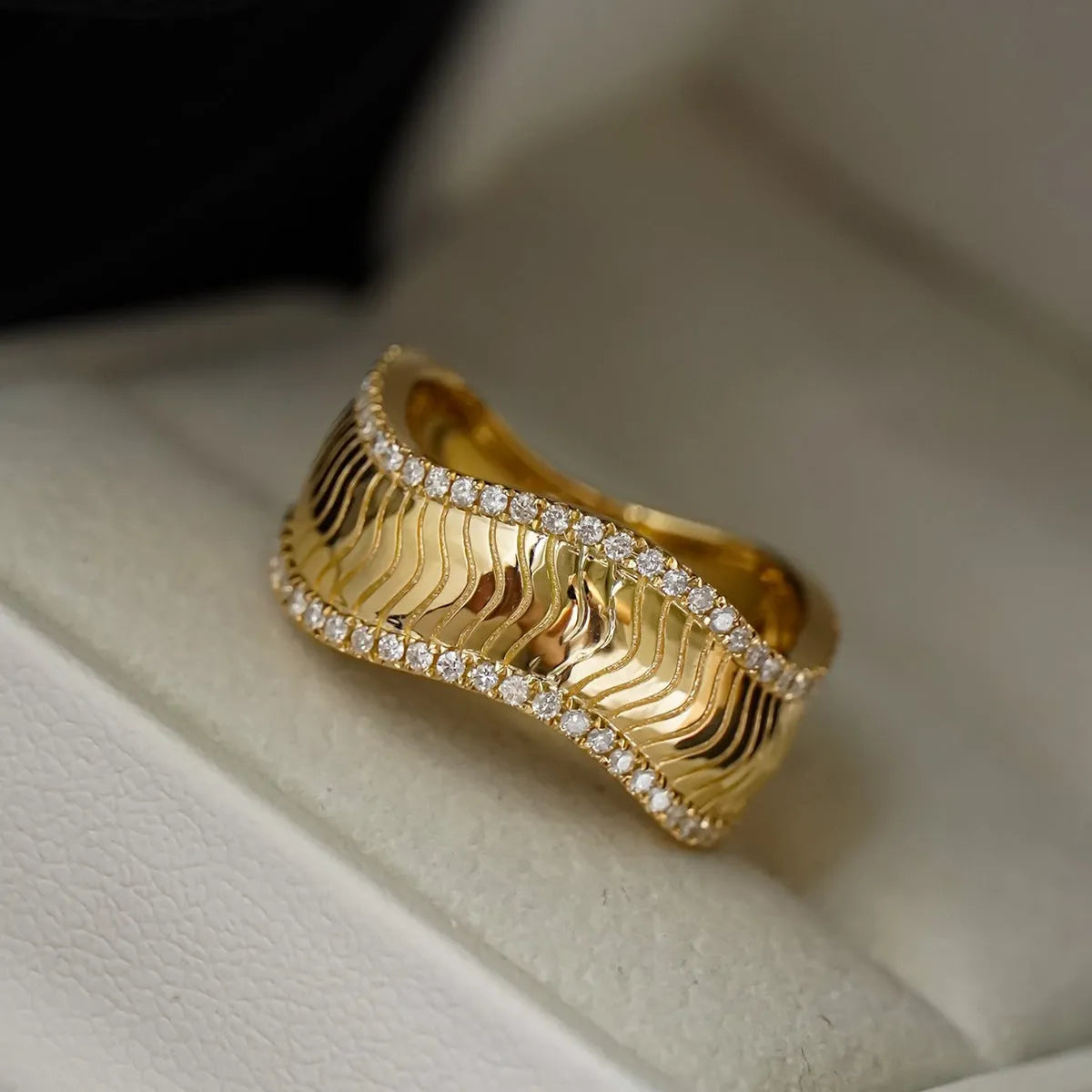 S925 sterling silver geometric yellow gold ring for women, micro inlay finish, on white background