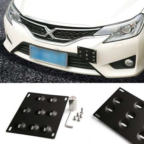 Metal American licence plate frame with integrated trailer hook for car modification on a vehicle