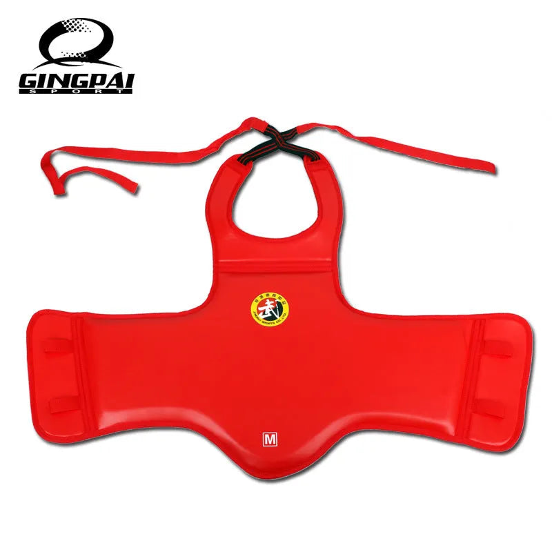 Red boxing helmet and chest protector training set on white background
