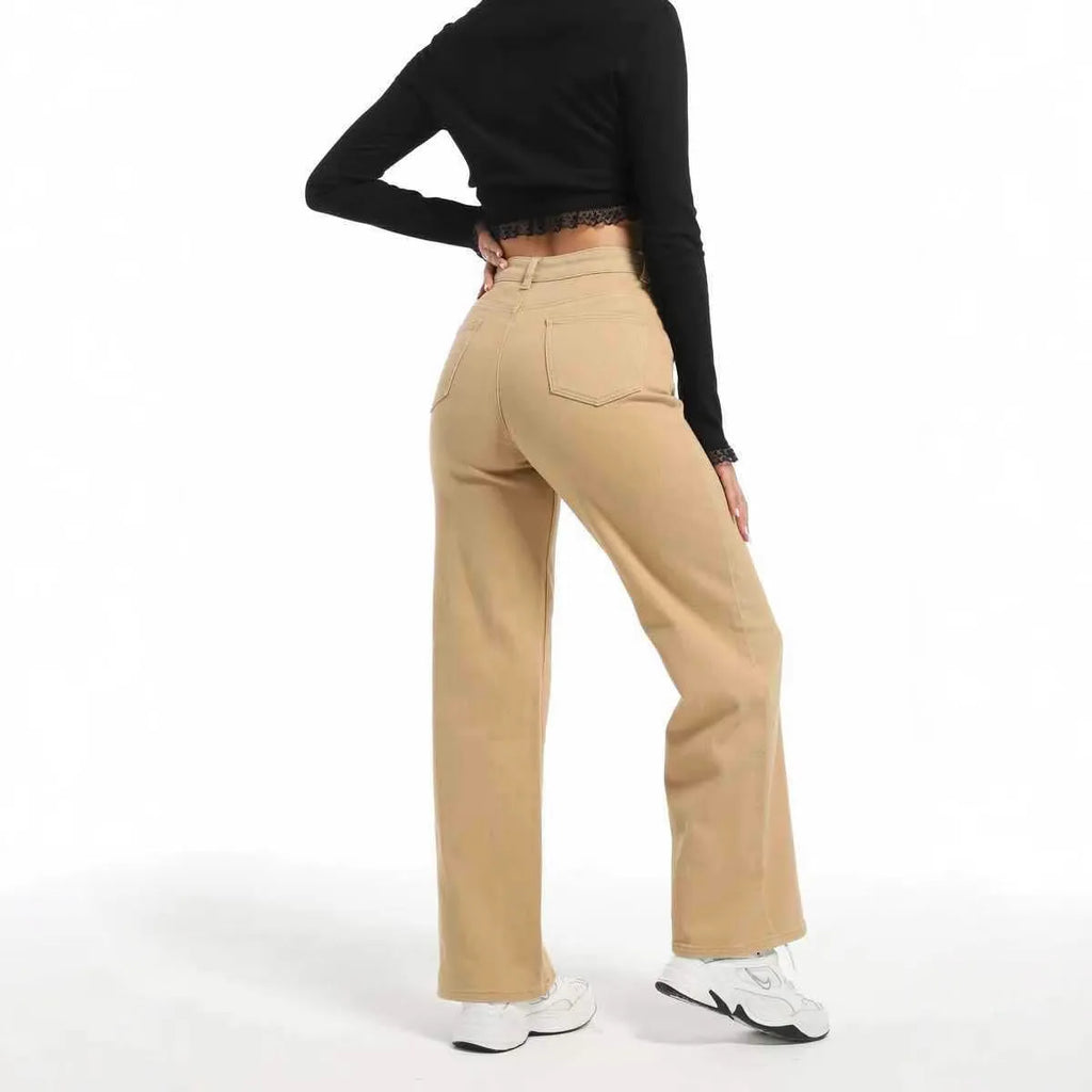 Women's high-waist straight-leg wide jeans in apricot colour, laid flat