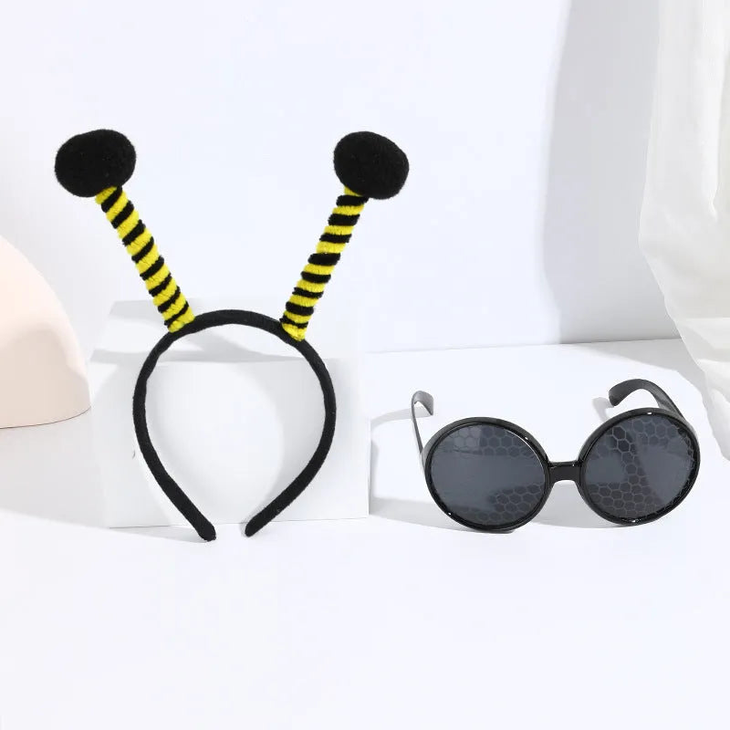 Yellow bees costume set with a cloth headband and glasses featuring insect details.