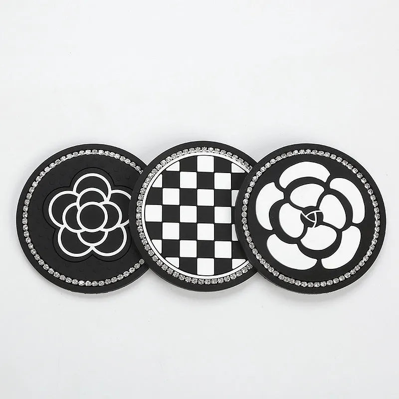 PVC plastic car cup mat coaster in black and white checkerboard pattern for car cupholder