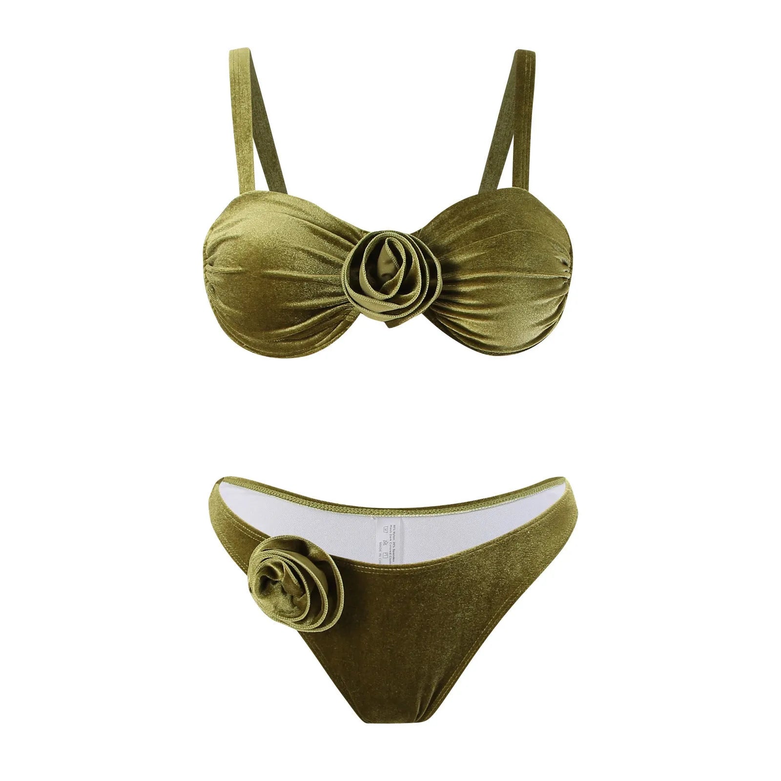 Women's green floral swimsuit bikini set with brief style and matching bra and panty components