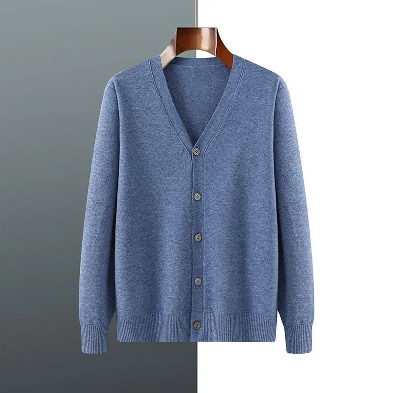 Men's loose-fit Andy velvet cardigan coat in dark blue with V-neck and long sleeves.