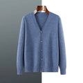 Men's loose-fit Andy velvet cardigan coat in dark blue with V-neck and long sleeves.