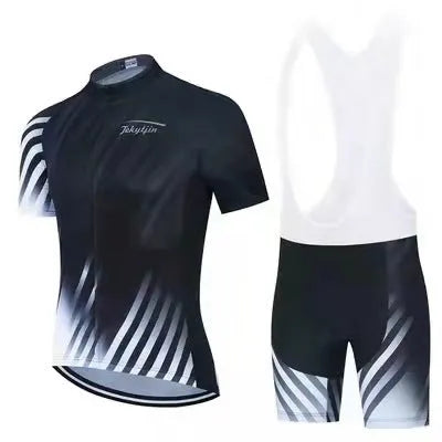 Cycling jersey set comprising a moisture-wicking top and pants for summer biking.