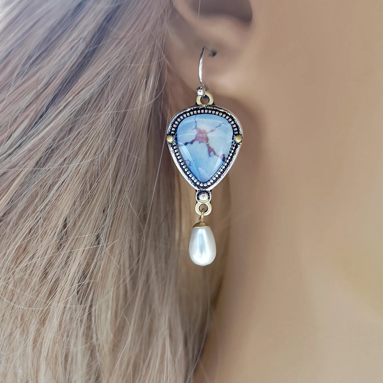 Retro blue drop earrings with geometric design featuring synthetic opal and pearl elements on electroplated metal