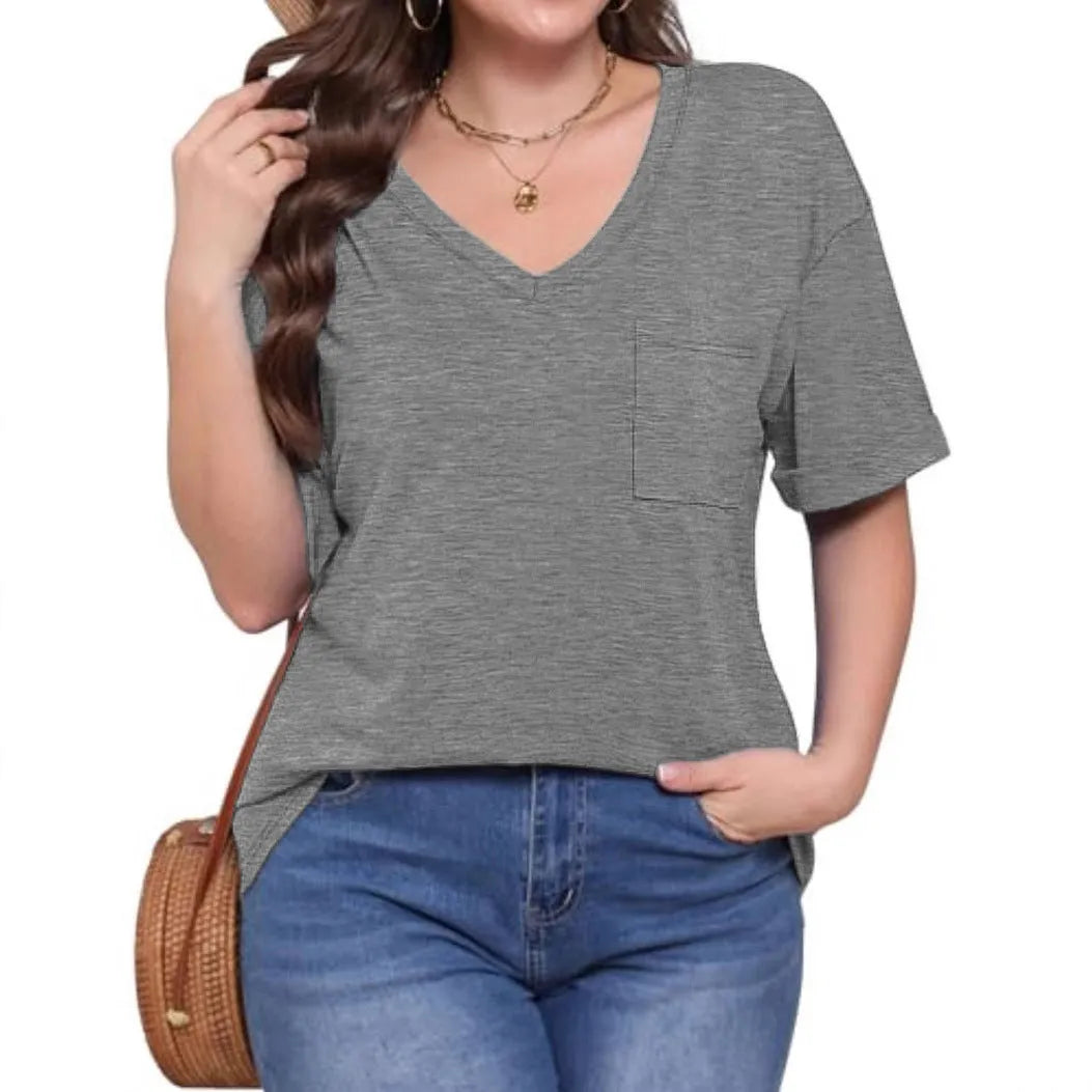 Grey loose V-neck pocket T-shirt with short sleeves on hanger
