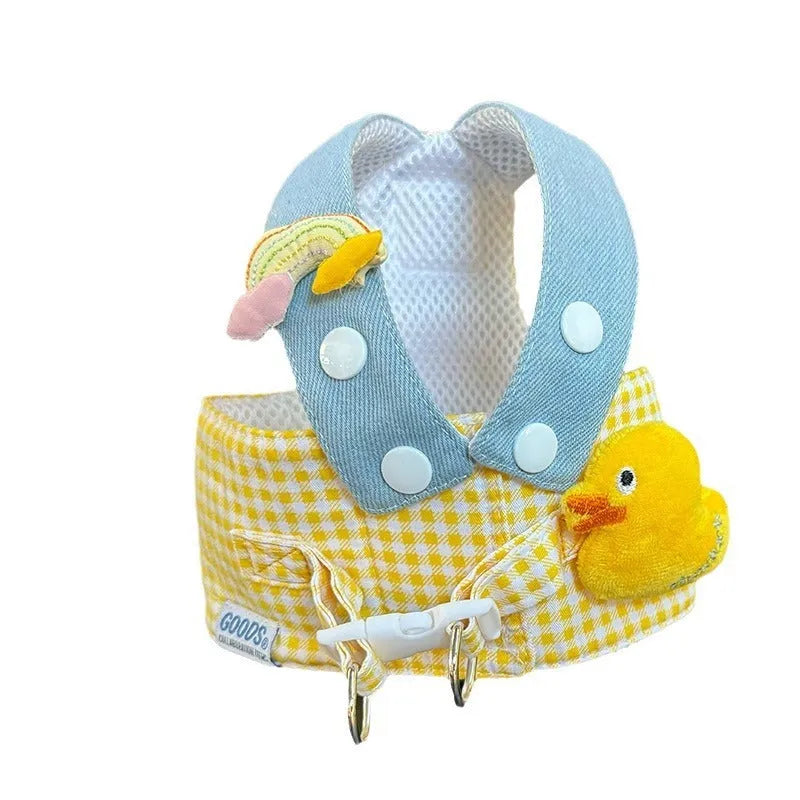 Three-piece pet set showing a dog harness, a leash with a wire rope section, and cute cat clothes on a hanger.