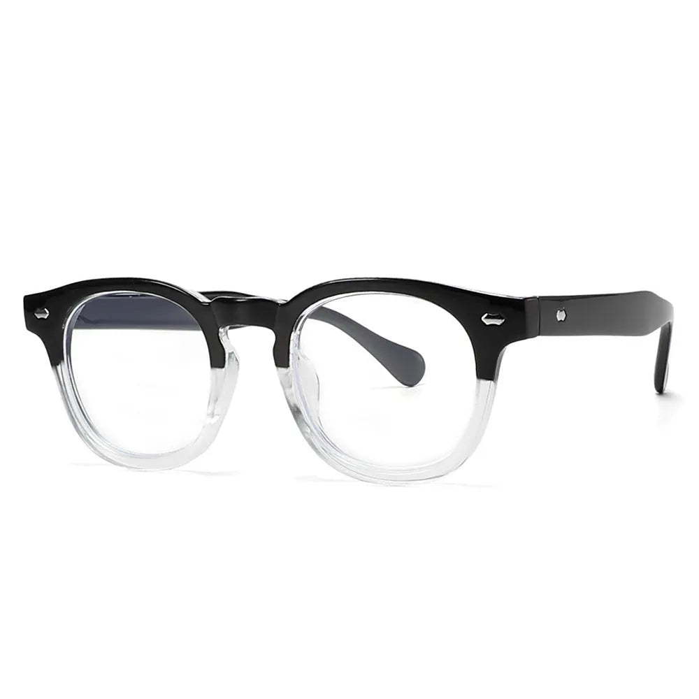 Simple round rim plastic sunglasses shown in a bright black frame with blue lenses on a plain background.