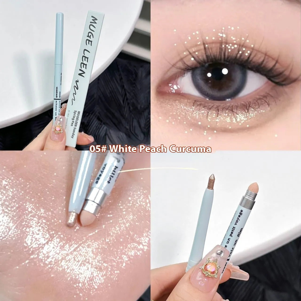 Brightening 2-in-1 waterproof eyeliner pen in gold, pink, purple and other colours.